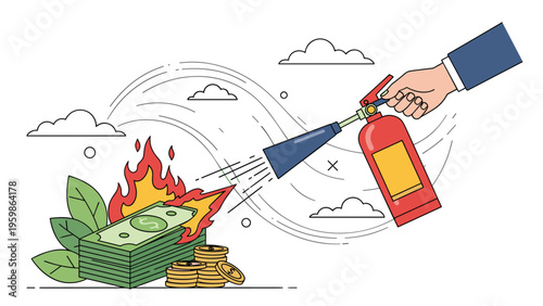 Business hand using a red fire extinguisher to put out flames burning a stack of cash and coins representing financial rescue or inflation control.