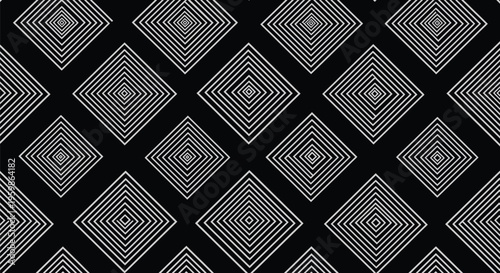 Seamless pattern of concentric white square outlines repeating in a diagonal grid on a solid black background creating an optical illusion effect