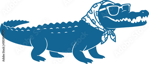 blue crocodile wearing sunglasses and bandana head