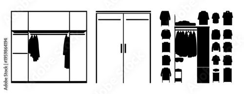 Wardrobe closet silhouette set with single line black and white illustration featuring wardrobe, closet, fashion storage with interior design and minimalist style