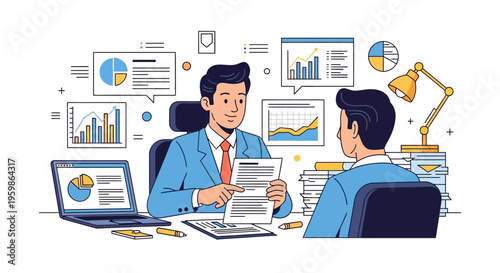 Two businessmen discussing financial reports and charts in an office setting.
