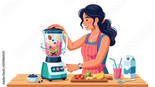 Woman making a healthy fruit smoothie in a blender.