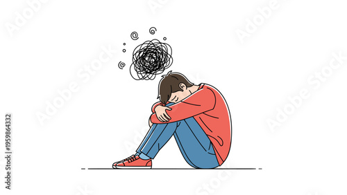 Depressed man sitting on the floor with his head down and arms wrapped around his knees with a cloud of tangled lines above him.