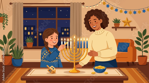 Family Lighting Hanukkah Menorah at Home