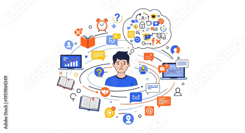 Digital Information Overload Stress and Multitasking Chaos. Stressed man struggling with social media, work data, time management, and complex distractions.