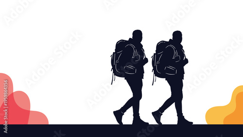 Two black silhouettes of men with large travel backpacks walking across a horizontal line with colorful abstract shapes in the background corners.