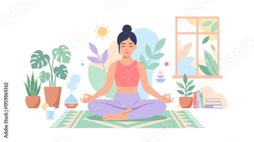Woman Meditating in Lotus Pose Indoors.