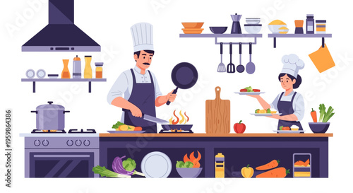 Two chefs cooking in a professional kitchen.