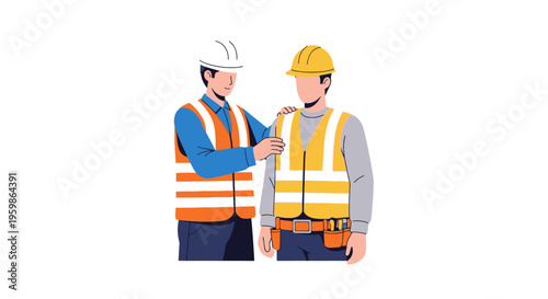 Two construction workers collaborating on a project wearing safety vests and hard hats.