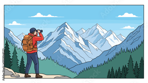 Male hiker with a backpack and warm clothes standing on a ledge and looking through binoculars at a vast range of snowy mountain peaks.