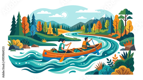 Two people canoeing down a winding river.