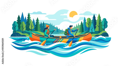 Two people canoeing on a vibrant river adventure.