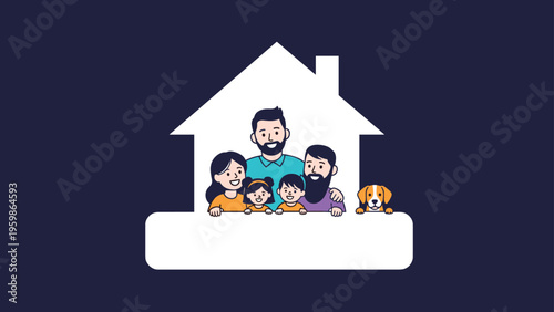 Cartoon illustration of a happy diverse family with two children and a pet dog peeking out from behind a white house silhouette on a dark background.