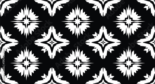 Geometric snowflake pattern design abstract black white seamless background, decorative ornate symmetry floral illustration, stylized festive winter ornament mosaic