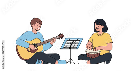 Two people playing musical instruments together.