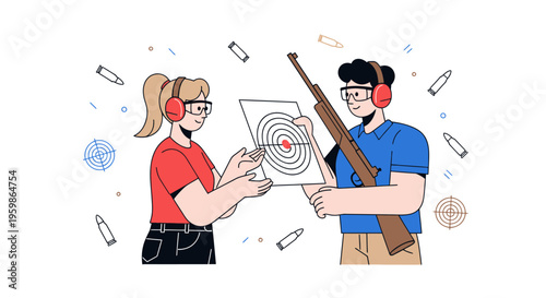 Two people practicing shooting at a target with a rifle.