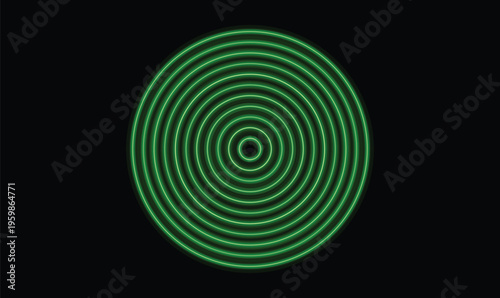 Green Concentric Circle Radar Wave Vector Illustration with Abstract Sonar Signal on Black Background