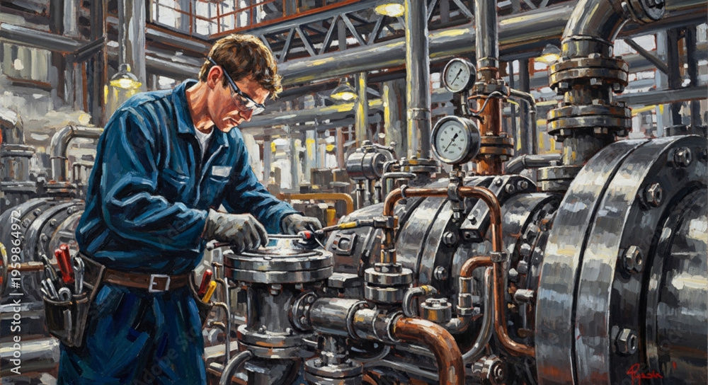 Fototapeta premium Man Inspecting Industrial Machinery with Precision and Expertise.