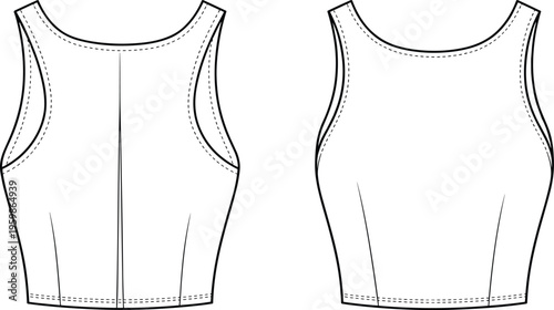 Women sleeveless crop top technical fashion sketch front and back view vector outline clothing design