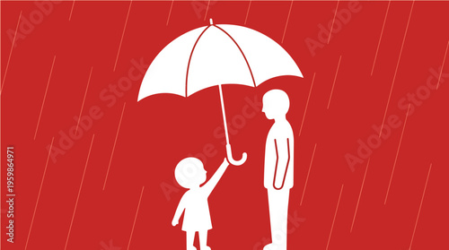 Child Offering Umbrella to Adult in Rain Symbolizing Care, Support and Role Reversal in Family Relationships – Vector Illustration