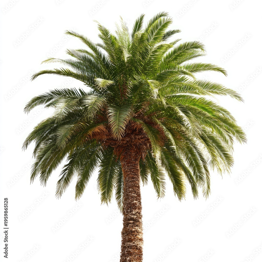 Fototapeta premium A close-up shot of a tropical palm tree with lush, green fronds and a textured brown trunk, isolated on a white backdrop