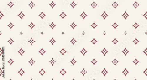 Pale cream background with repeating burgundy star shapes, vintage floral motif pattern, small and large flower elements, decorative subtle textile texture