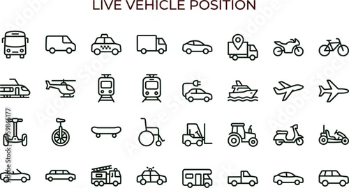 Live vehicle position outline icon set featuring transport fleet mobility cars trains aircraft scooters bicycles tracking vector symbols collection