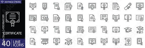 Certificate and Award Line Icons Set, Diploma, Achievement Badge, Quality Seal, Recognition, Editable Stroke Vector Collection