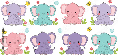 Cute elephant cartoon set with colorful baby elephants in different poses pastel vector illustration collection for kids nursery design