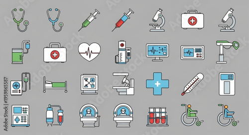 Medical Equipment Icons - Stethoscope, Syringe, Microscope, First Aid Kit, and More.