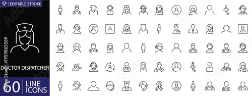 Doctor and Dispatcher Line Icons Set, Medical Staff, Telemedicine, Healthcare, Clinic, Ambulance Coordination, Editable Stroke Vector Collection 