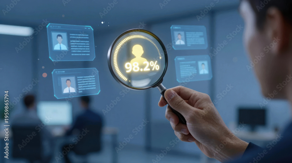 Obraz premium Person examines data analysis results on a digital screen in an office setting during daytime hours