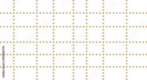 Golden dotted grid pattern on white background featuring minimalist vertical and horizontal lines of small circles for modern stationary and web elements