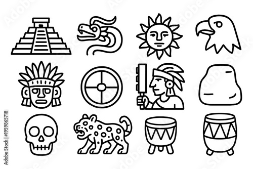 Aztec and maya symbols set: archaeological linear icon collection featuring pyramids, deities, and artifacts