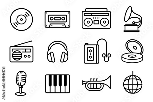 Retro music icons collection with vintage audio equipment and instruments