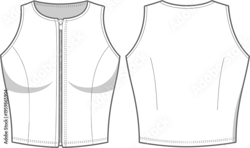 Women sleeveless zip front top technical fashion flat front and back vector illustration