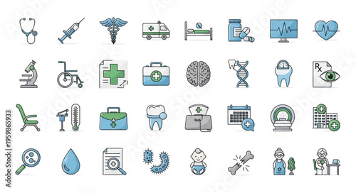 Medical Icons Set - Healthcare, Diagnosis, and Treatment Symbols.