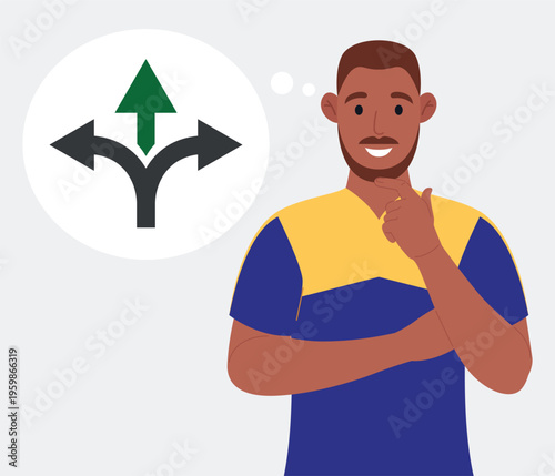 A bearded african american man in yellow t-shirt thinking which way to go. Alternative choice. Vector.