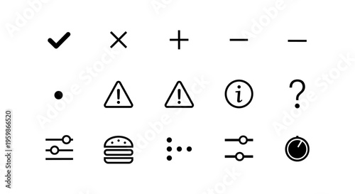 Minimalist icons set: checkmark, warning, information, and more symbols