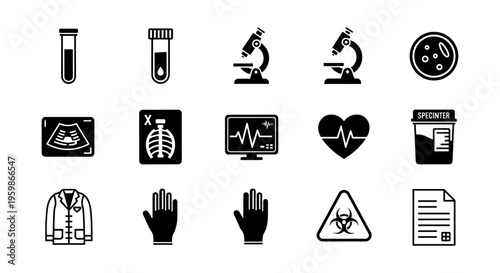 Medical icons set: microscope, x-ray, biohazard, ekg, heartbeat, lab equipment