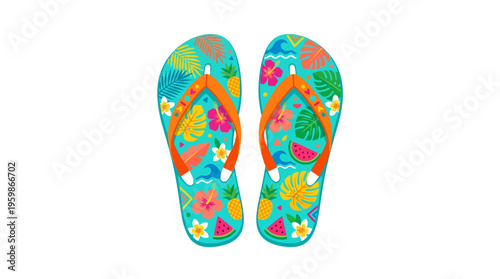 Vibrant Tropical Flip Flops with Floral and Fruit Designs.