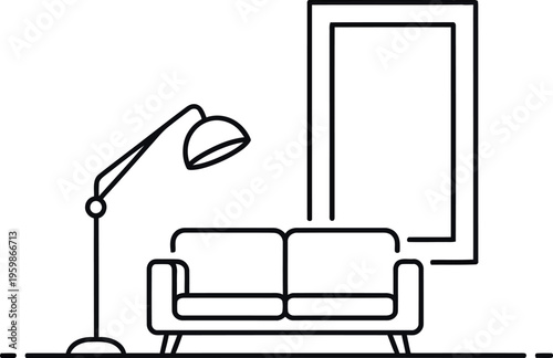 Minimalist line art drawing depicts a modern living room scene featuring a comfortable two-seater sofa next to an adjustable floor lamp and a tall vertical frame.