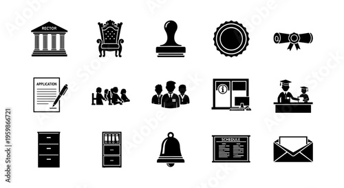 Education and administration icons set featuring silhouettes of office items, graduation elements, and academic symbols