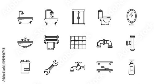Linear bathroom icons set featuring shower, bathtub, toilet, sink, and plumbing tools