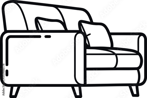 Minimalist black and white line art illustration depicting a modern single armchair with decorative throw pillows perfect for interior design.