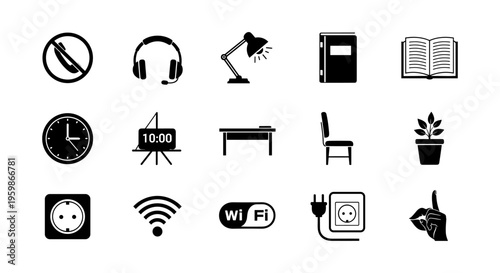 Black and white office and tech icons for modern workspace design