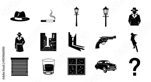 Classic noir elements: detective, crime, and mystery icons