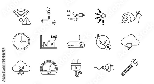 Simple linear icons of wifi and technology issues