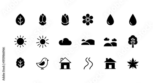 Minimalist nature and weather icons set: simplistic black and white design for versatile use