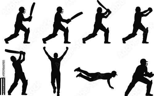 Action silhouette set of cricket players featuring batting stances bowling delivery diving catch and victory celebration poses.